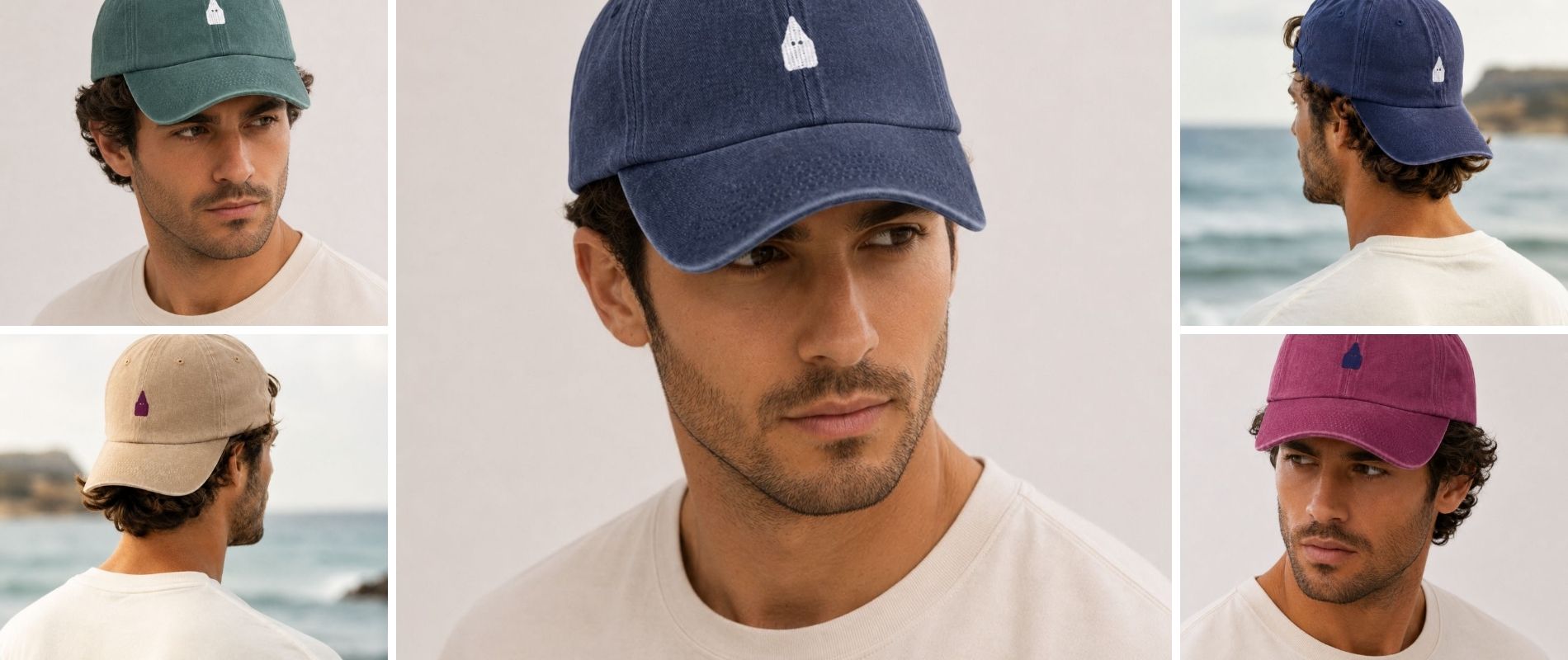 Colección de gorras TRAMO para hombre en diferentes colores combinadas con prendas de verano.