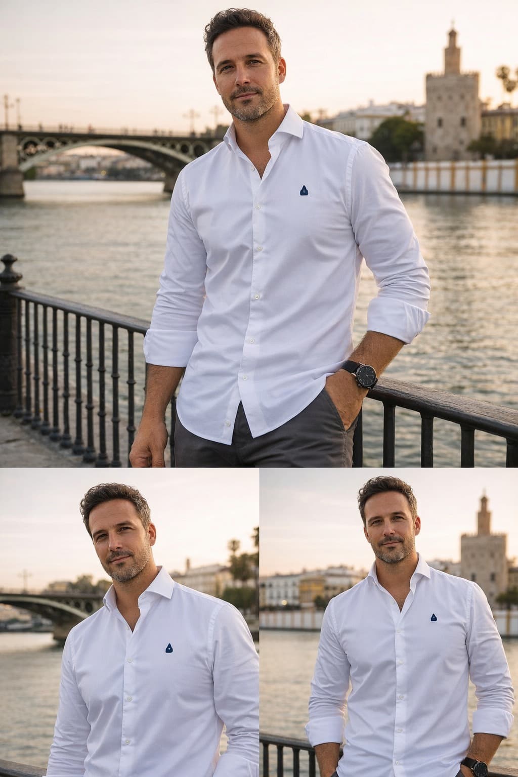 Composición con tres imágenes de hombre vistiendo camisa blanca de algodón TRAMO y pantalón chino gris oscuro, con diferentes detalles de la prenda