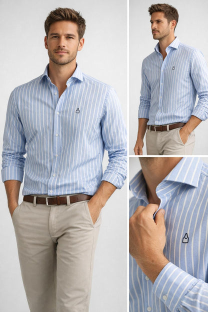 Composición con tres imágenes de camisa Oxford de rayas celeste y blanca TRAMO, con detalle del cuello italiano, el bordado y el puño